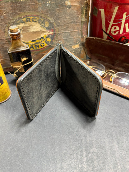 Hand Made Full Grain Leather Money Clip Front Pocket Wallet in Nero and Cognac